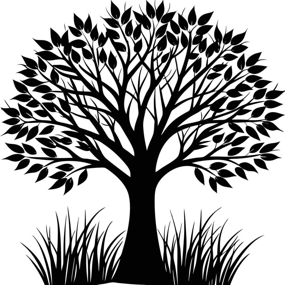 Serene Tree Silhouette against a Grassy Meadow with a Pristine White Background vector