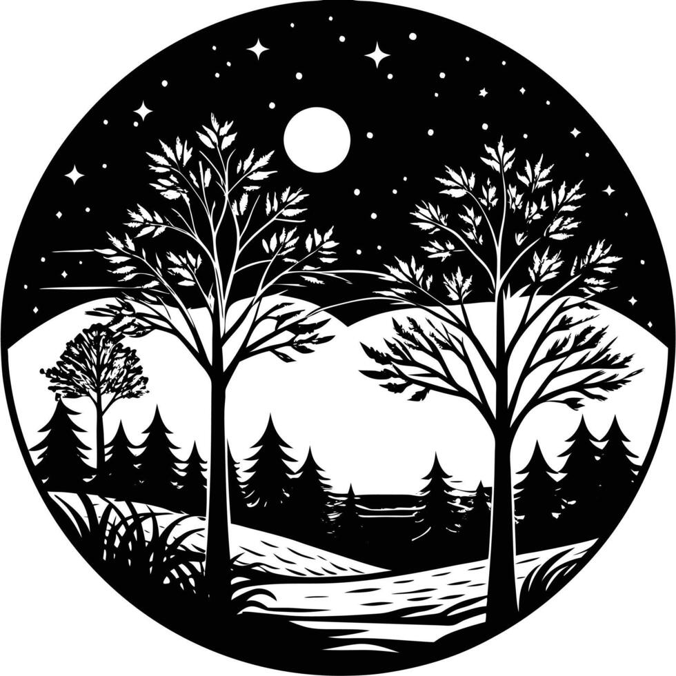 Silhouette of Trees in a Serene Landscape at Dusk vector