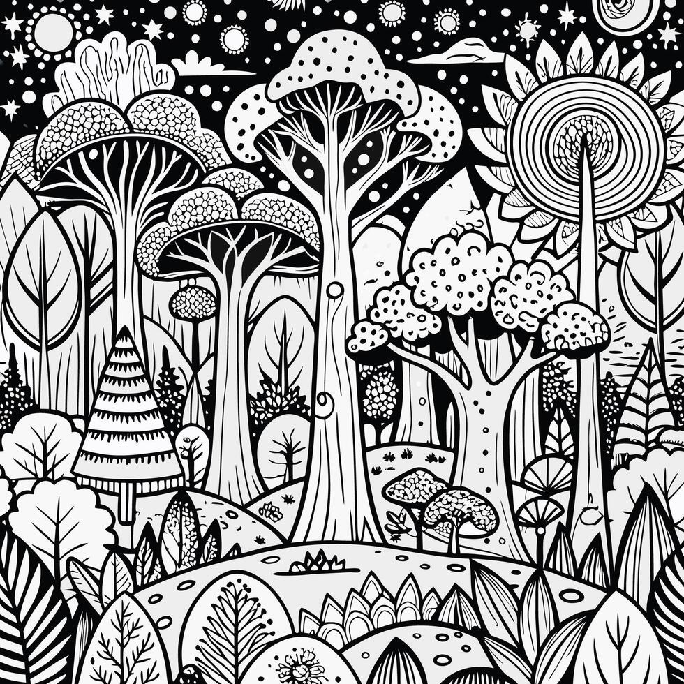 Dreamy Black and White Fantasy Forest Seamless Pattern vector