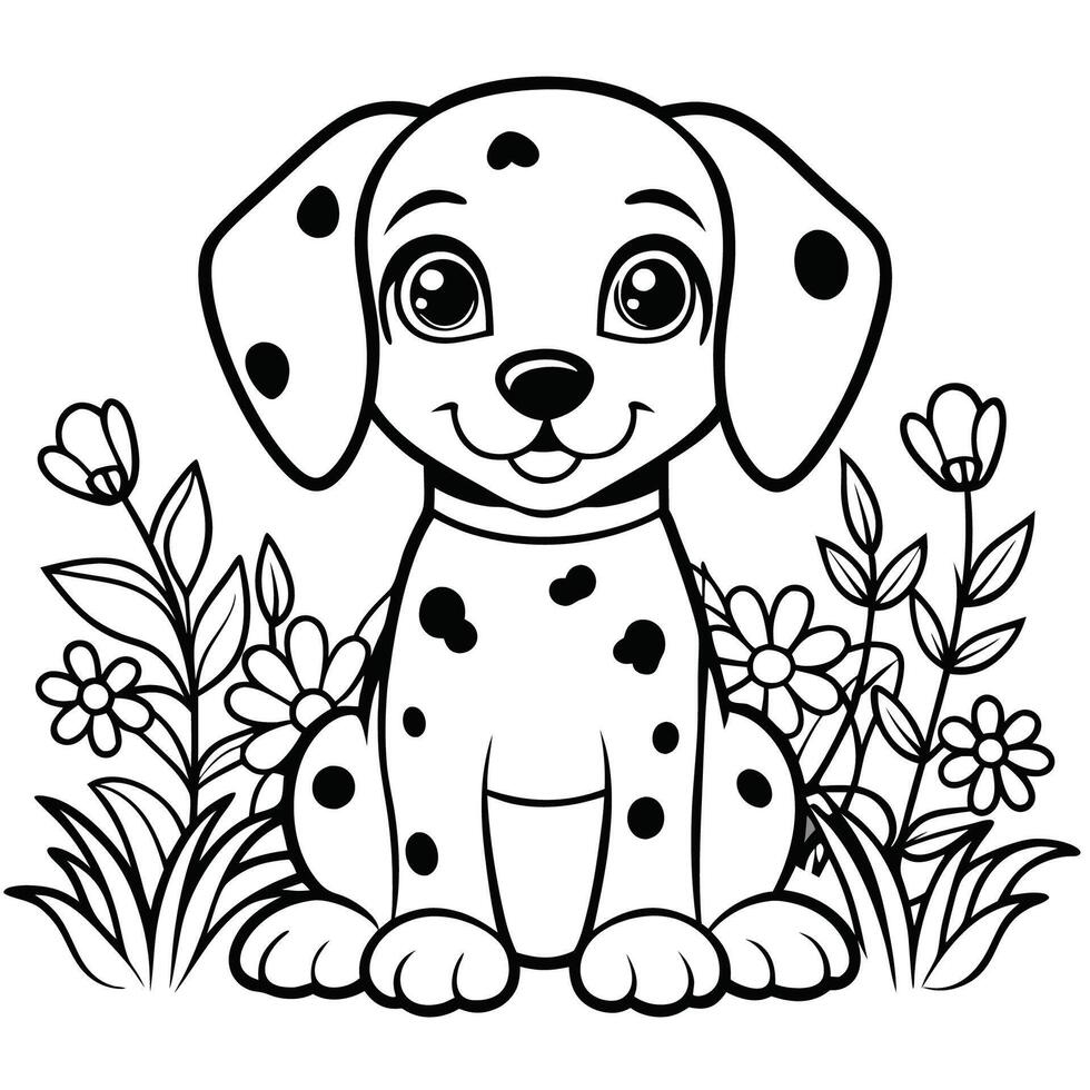 Playful Dalmatian Dog Exploring Lush Green Garden with Outline Art vector