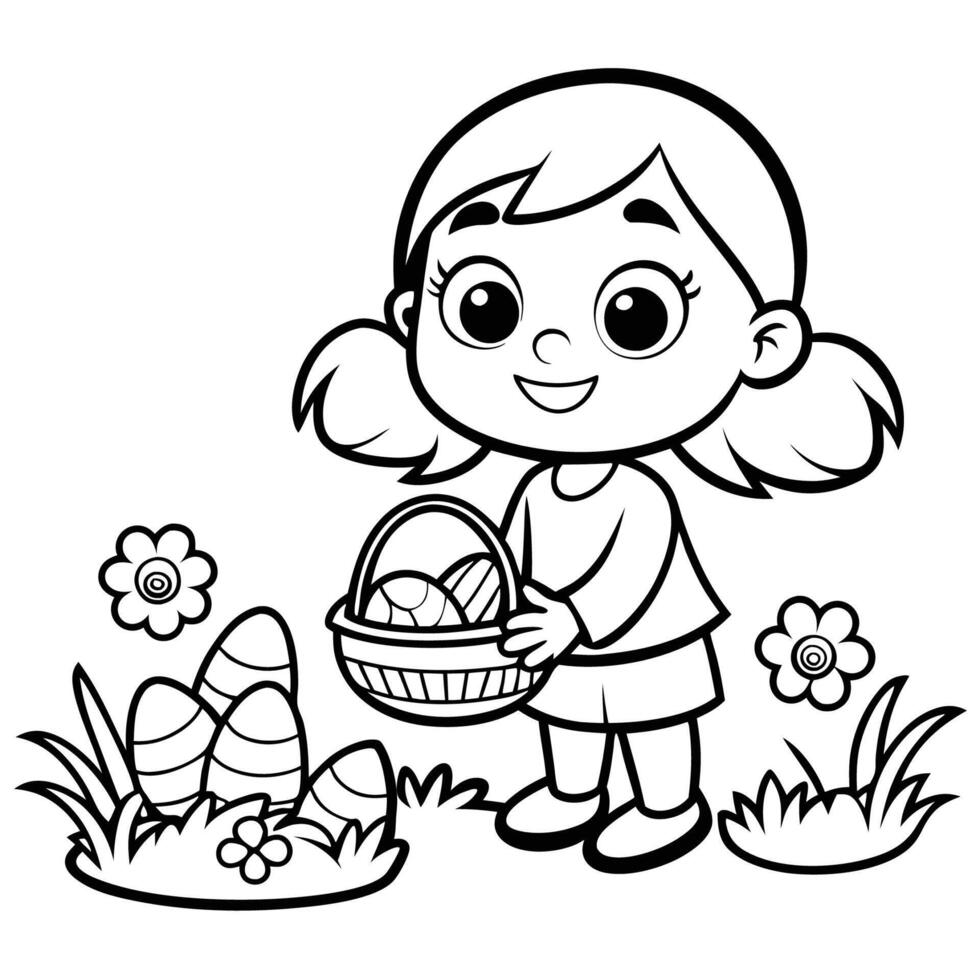 Adorable Girl Excitedly Hunting for Easter Eggs in a Lush Garden vector