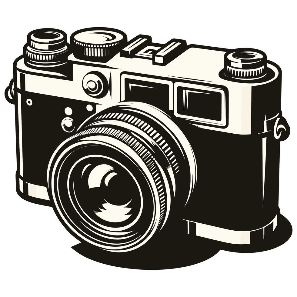 An old camera is shown in black and white vector