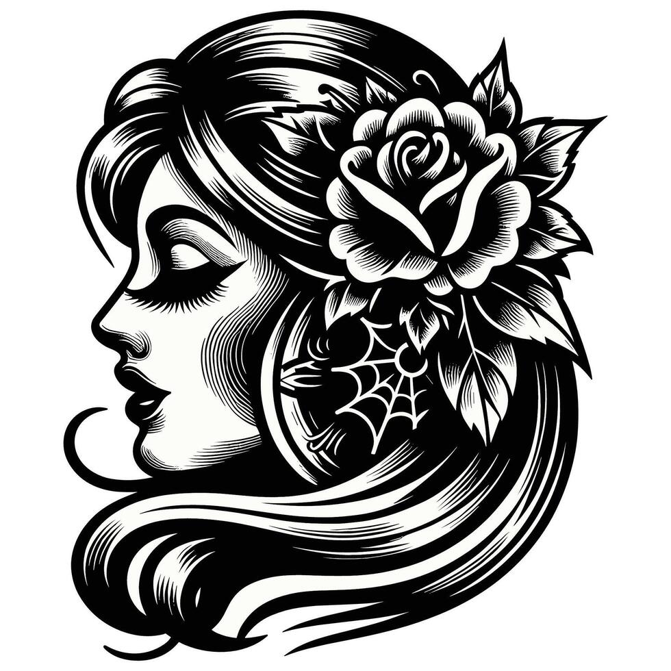 A woman with a rose in her hair and a spiderweb vector