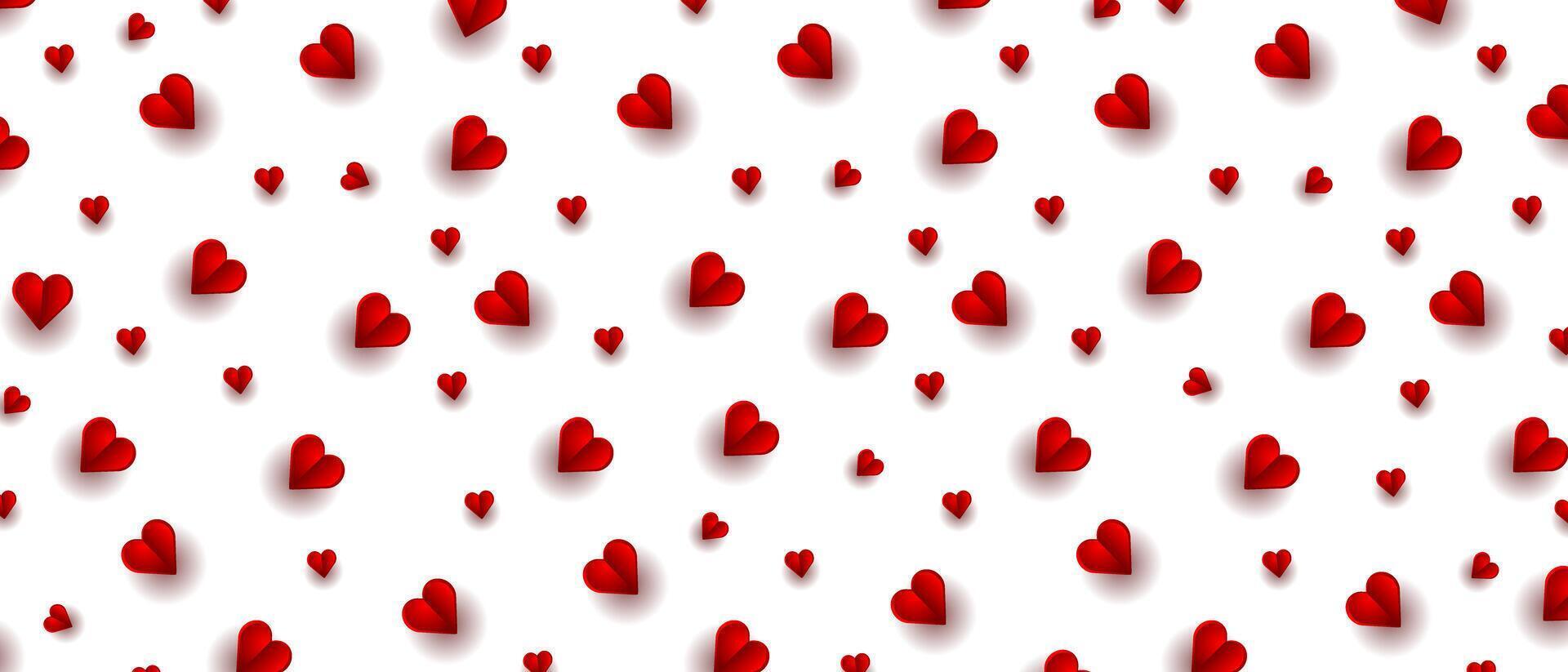 Pattern of red hearts on a white background. Valentines Day background in papercut style vector