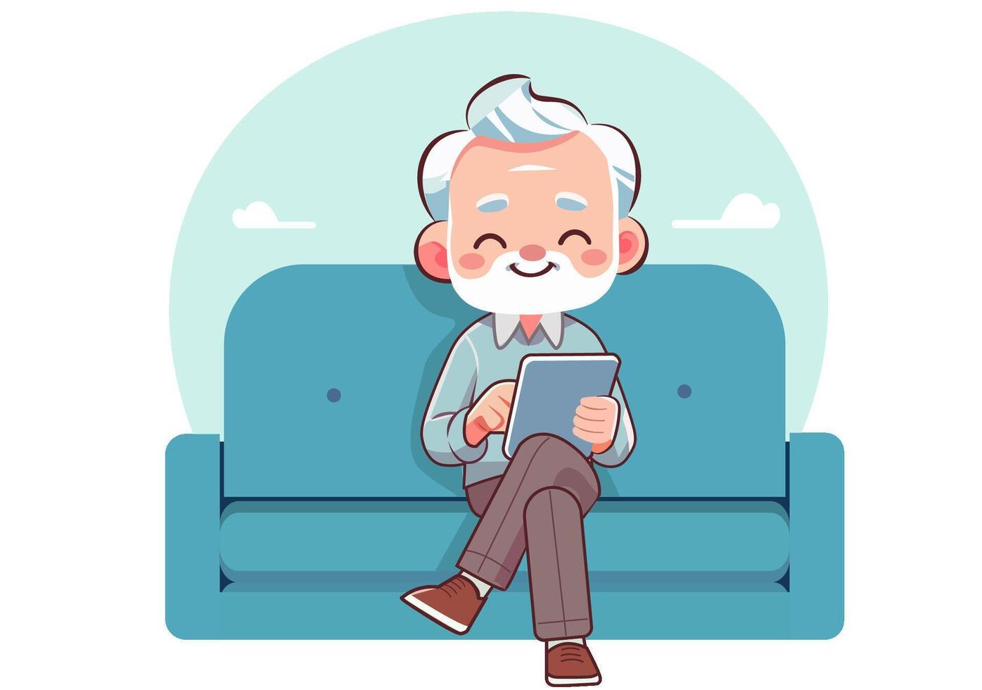 Uncle sits on the sofa playing with a tablet. vector