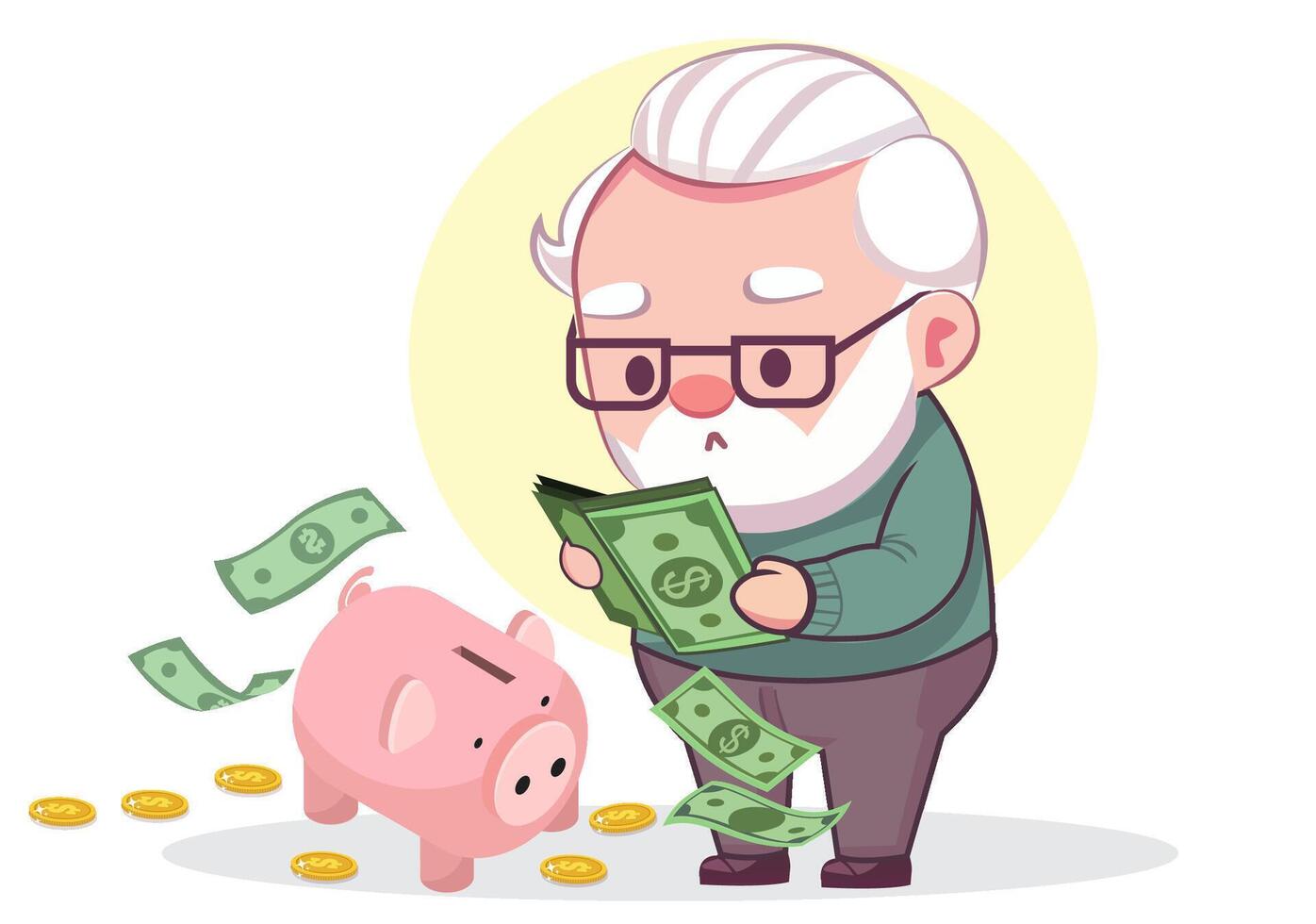 An elderly man in the picture calculates his retirement savings, looking anxious. vector