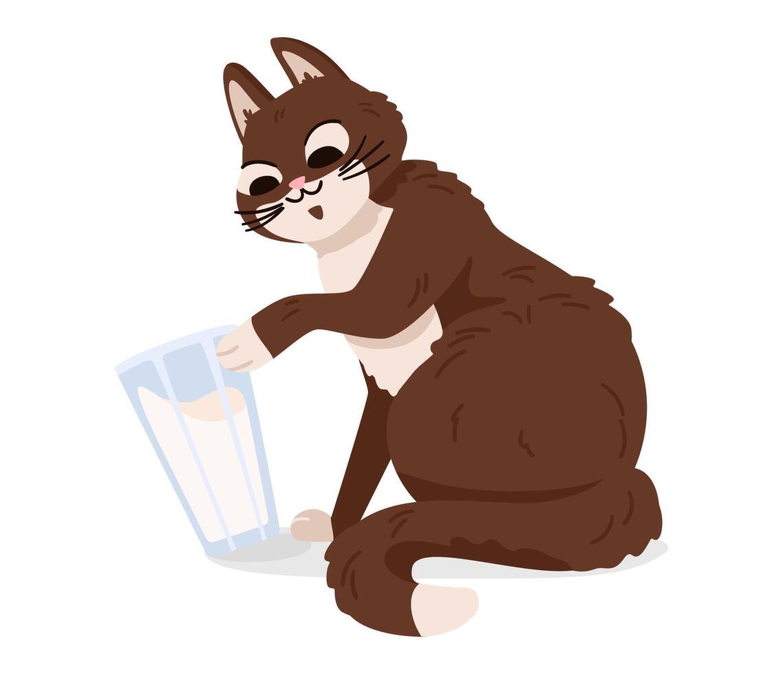 Cute cat pushing glass with milk flat illustration isolated on white. vector