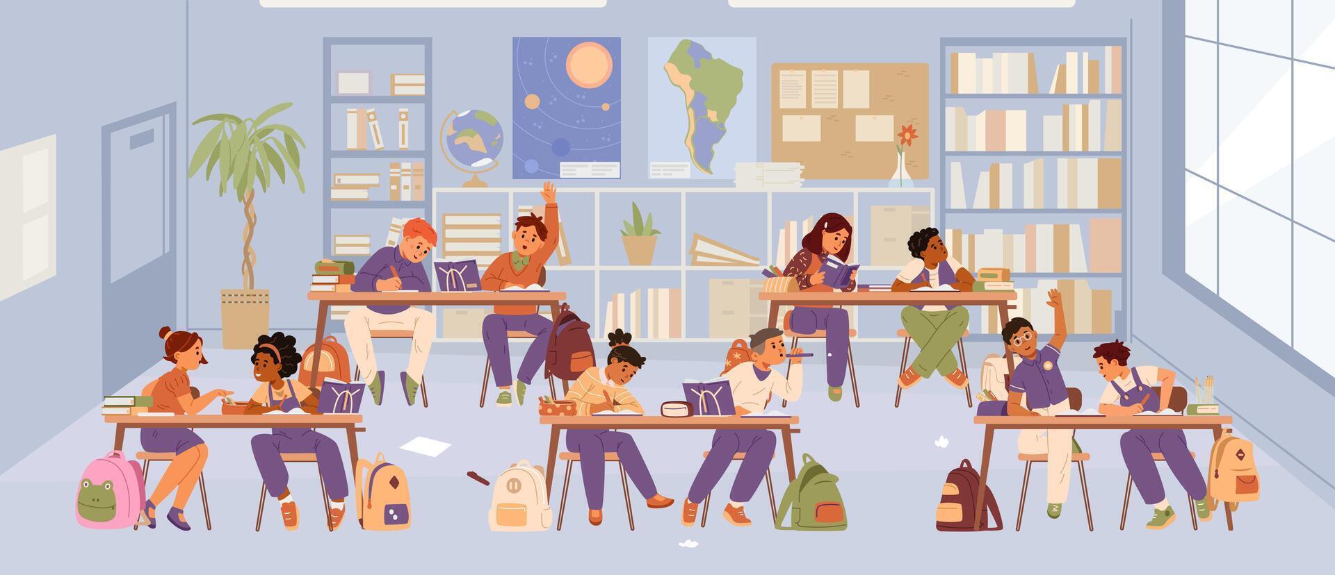 School classroom interior with diverse pupils sitting in pairs at desks studying, chatting, raising hand flat illustration. vector