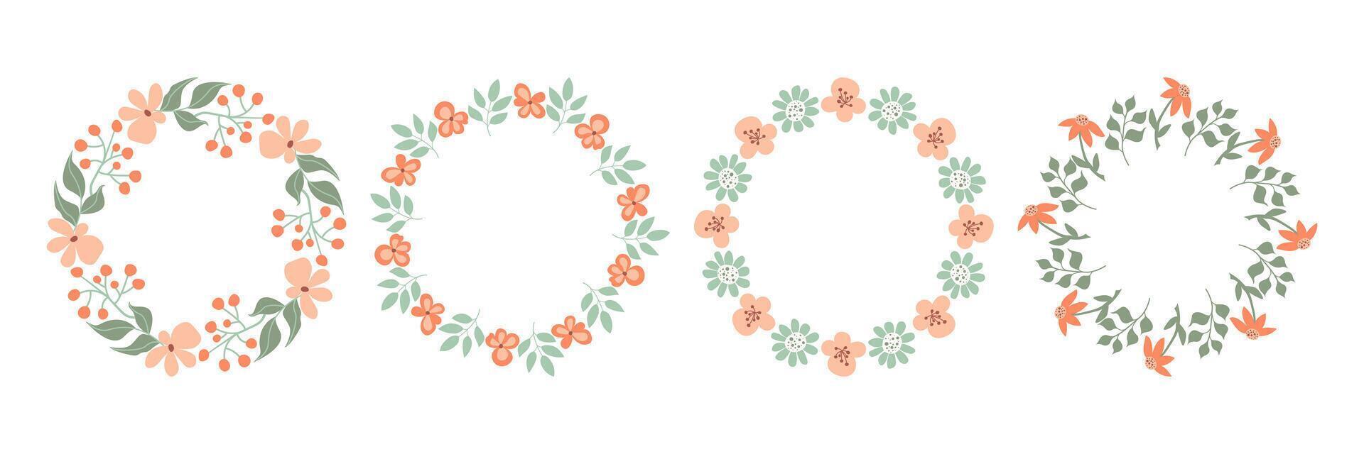 Set of hand-drawn abstract floral wreath frames in doodle style. Soft pastel peach, green and coral tones. Perfect for wedding invitations, greeting cards, logos, labels, packaging and stationery. vector