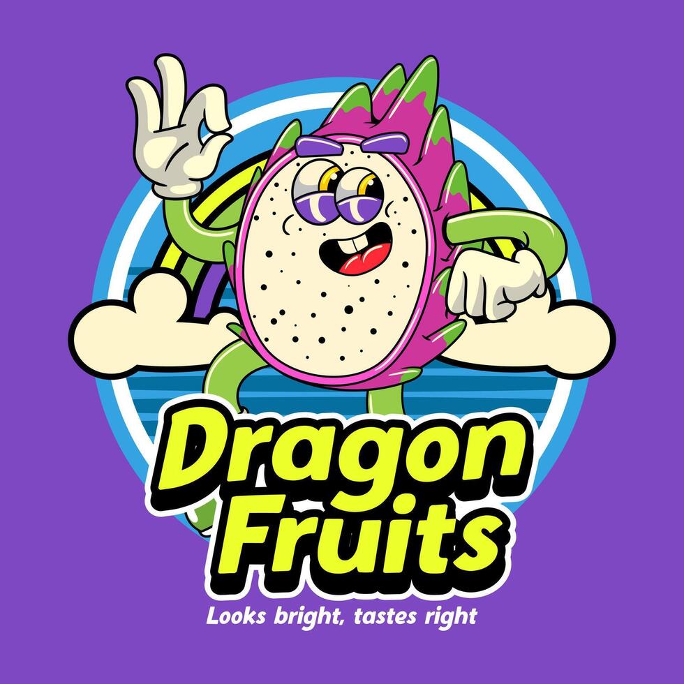 Cool dragon fruit character with a confident pose, set against a bold, colorful background. Perfect for food branding, kids designs, and merchandise vector
