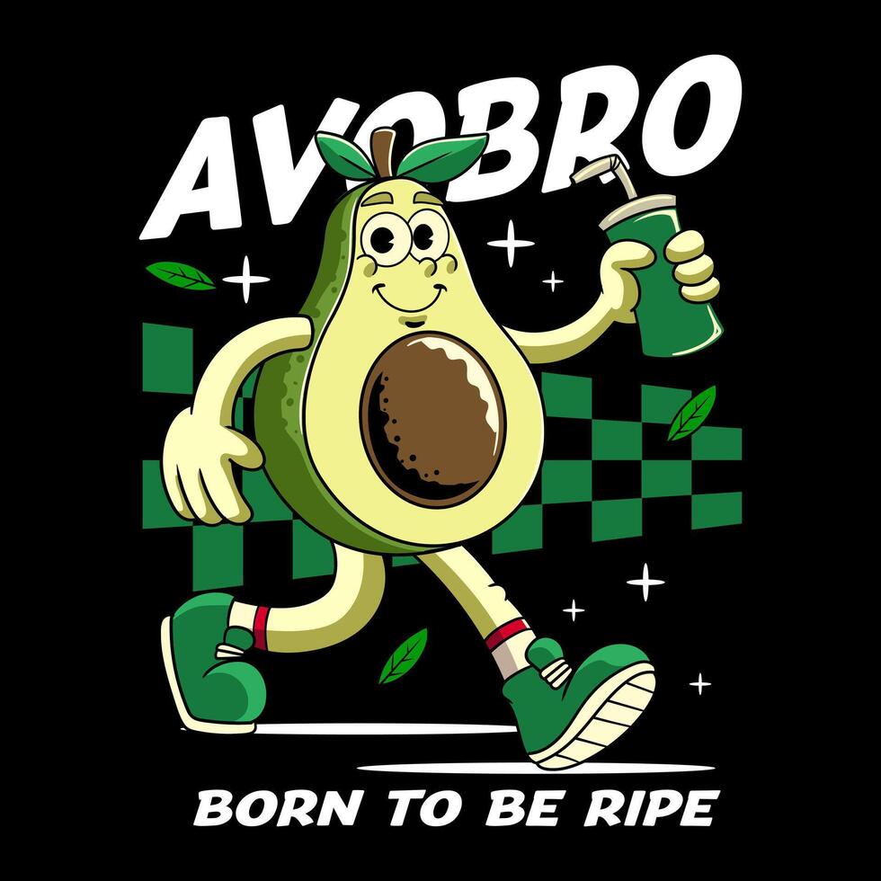 Happy Avocado Tropical Summer Vibes Cartoon Character in Retro Vintage Style vector