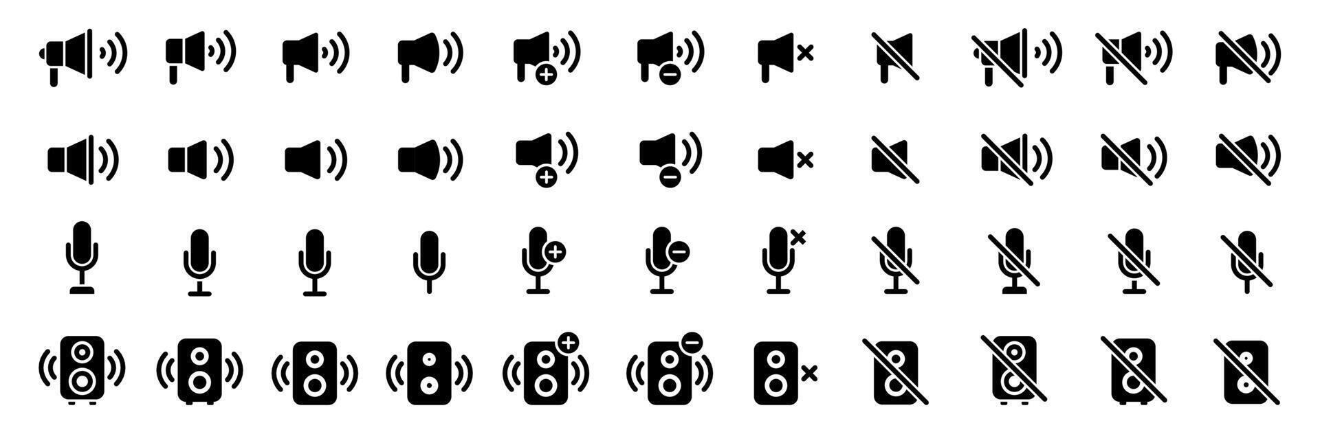 Sound Speaker Icon Pack. Black Silhouettes of Audio Equipment and Devices vector
