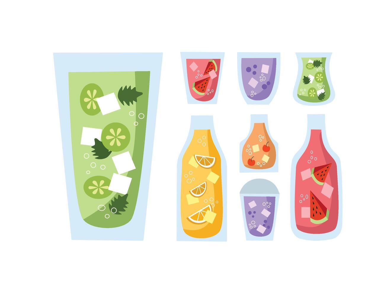 Juice set illustration. Cocktail dink collection. Beverage. Colorful drink. Bottle of juice. Glass of fruit juice. vector