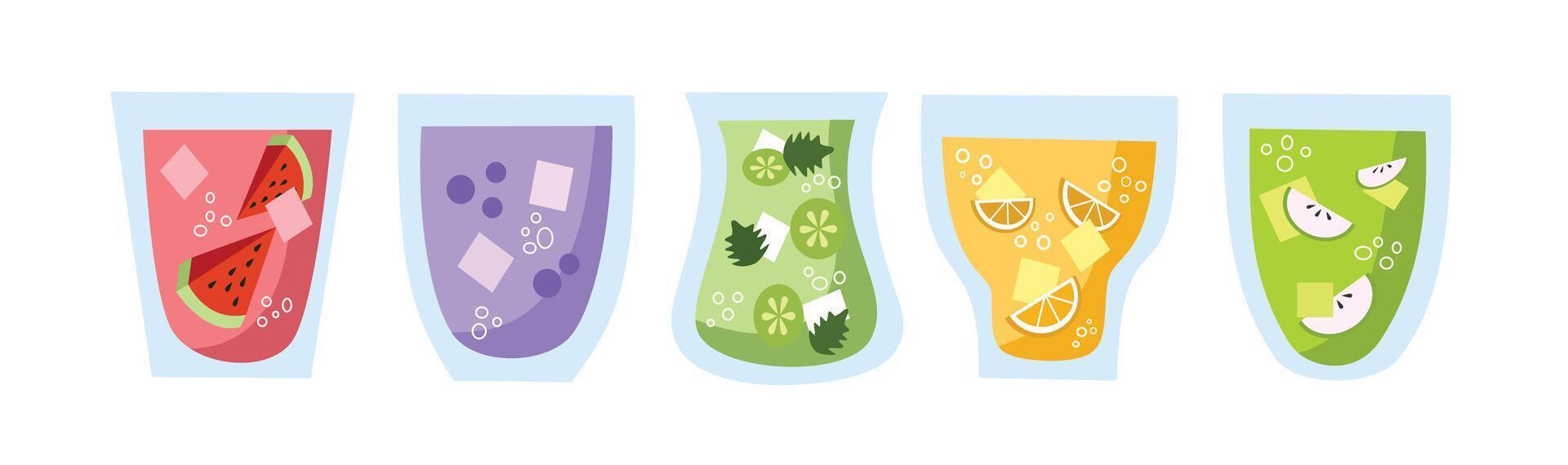 Fruit juice illustration. Fruit cocktail. Beverage. Cold water. Fruity drink. Fruity ice. Fresh ice juice. vector