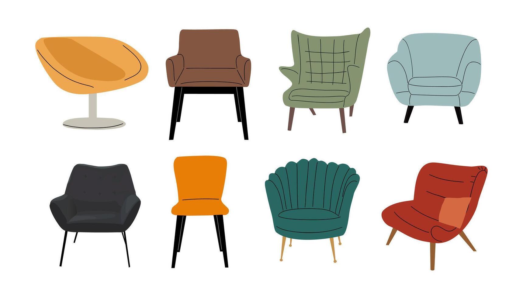 Set of different mid century modern armchairs vector