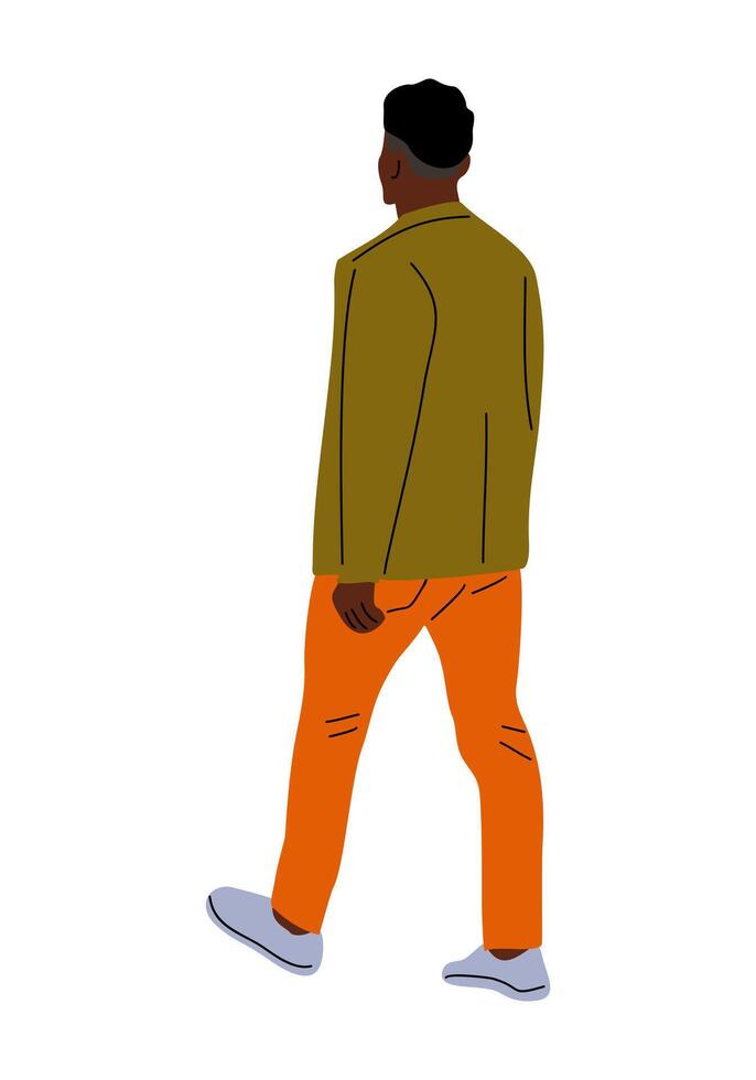 Black man walking rear view in casual attire vector