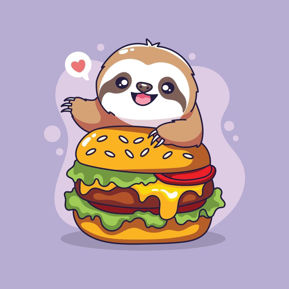 cute sloth with hamburger . illustration graphic design vector
