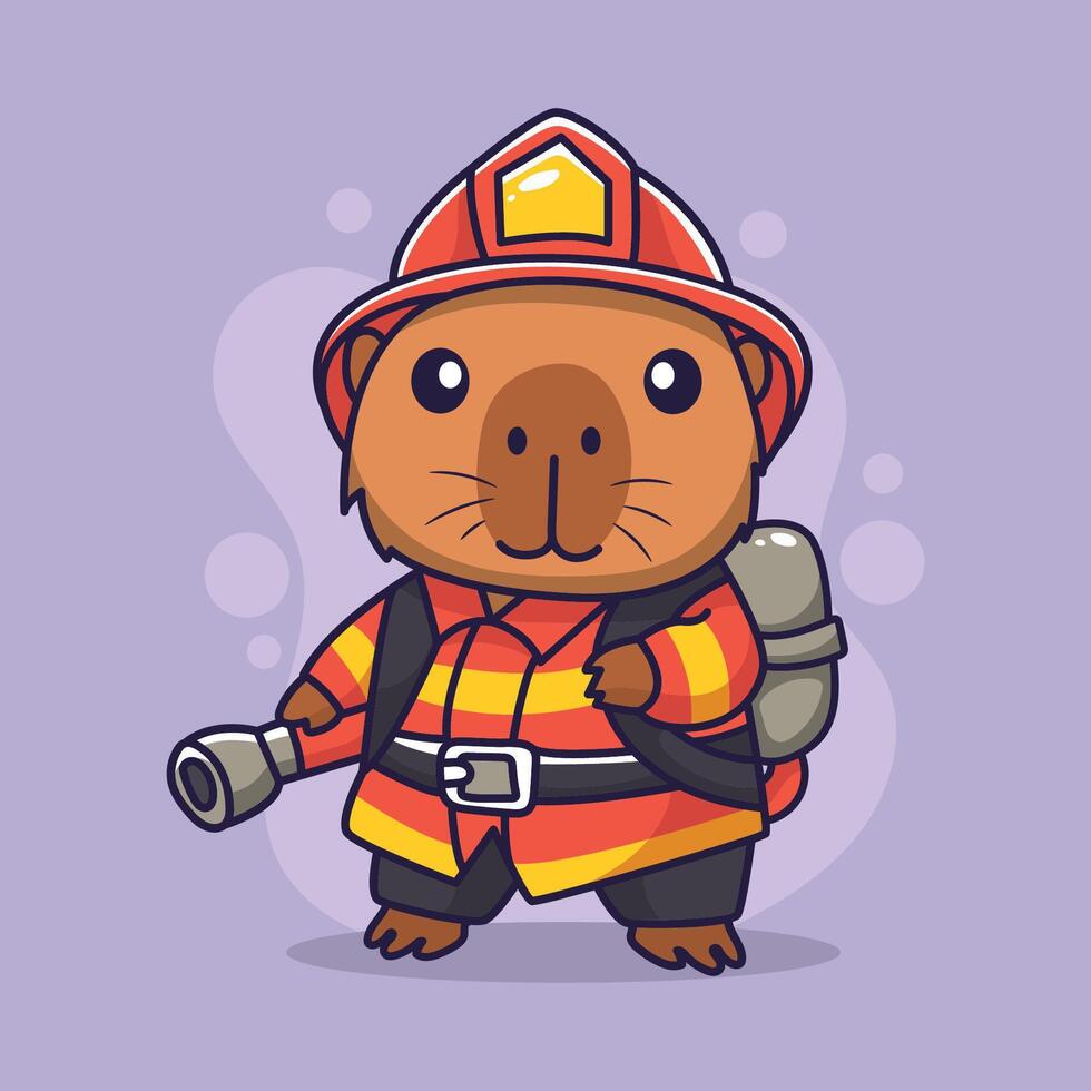 Cute cartoon capybara in a firefighter costume. illustration. vector