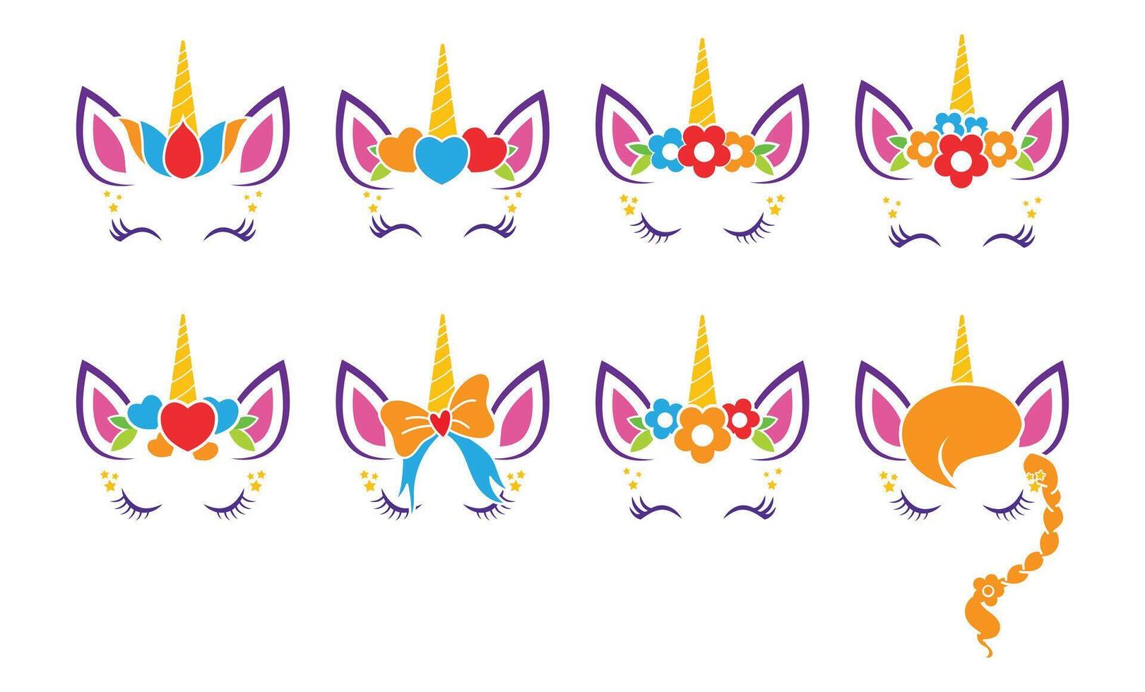 Unicorn head collection flat colorful fantasy magical design vector