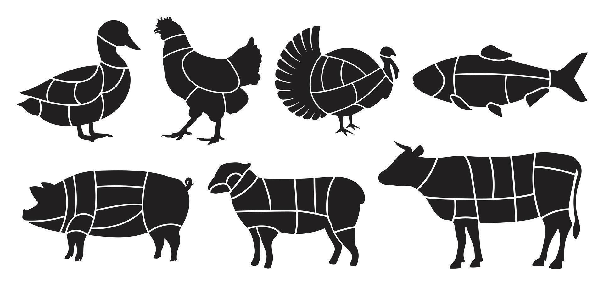 Black diagram showing animal meat cut sections clearly vector
