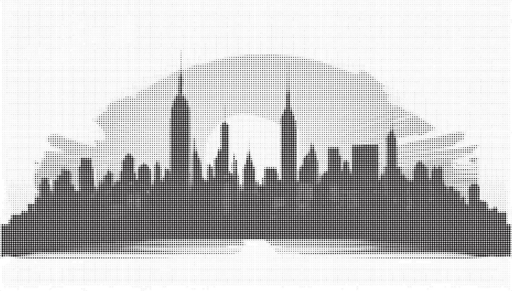 A city skyline in black and white with a sun in the background vector