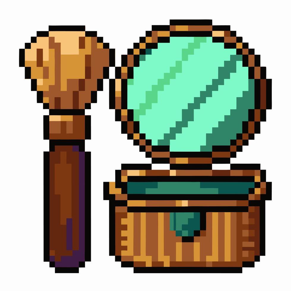 Pixel Art Makeup Set with Mirror and Brush Retro Gaming Style Illustration vector