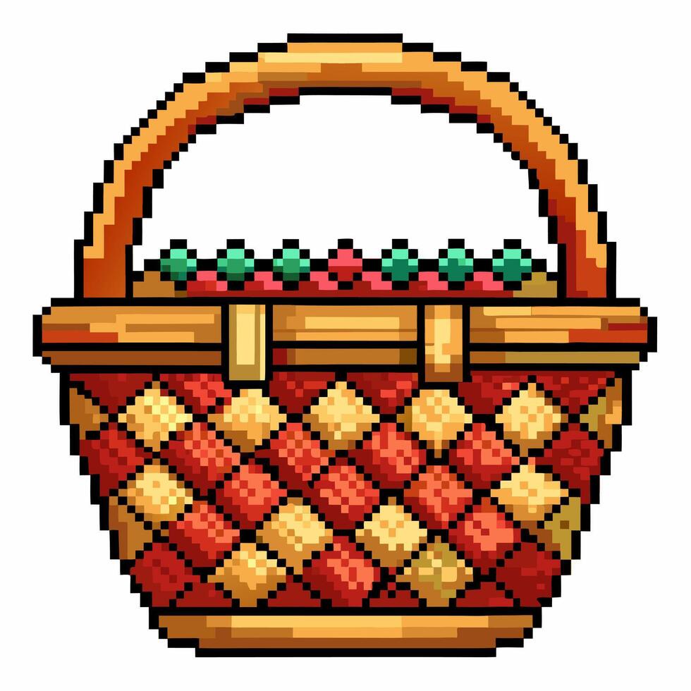 Pixel Art Picnic Basket with Colorful Fruit Retro Game Style vector