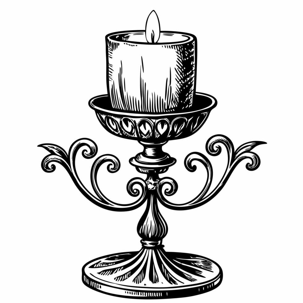 Vintage Ornamental Candle Holder Illustration with Lit Candle on Intricate Stand vector