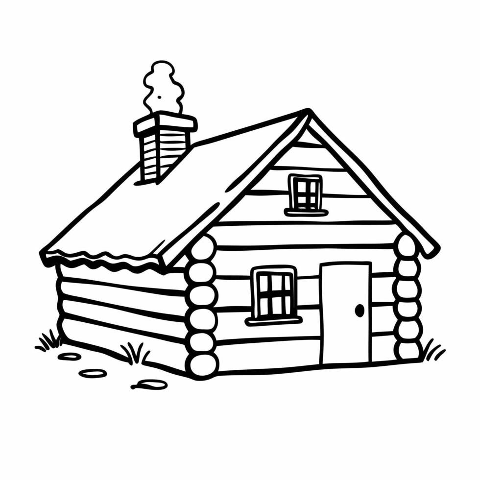 Rustic Log Cabin Illustration with Chimney and Door in Simple Line Art Style vector