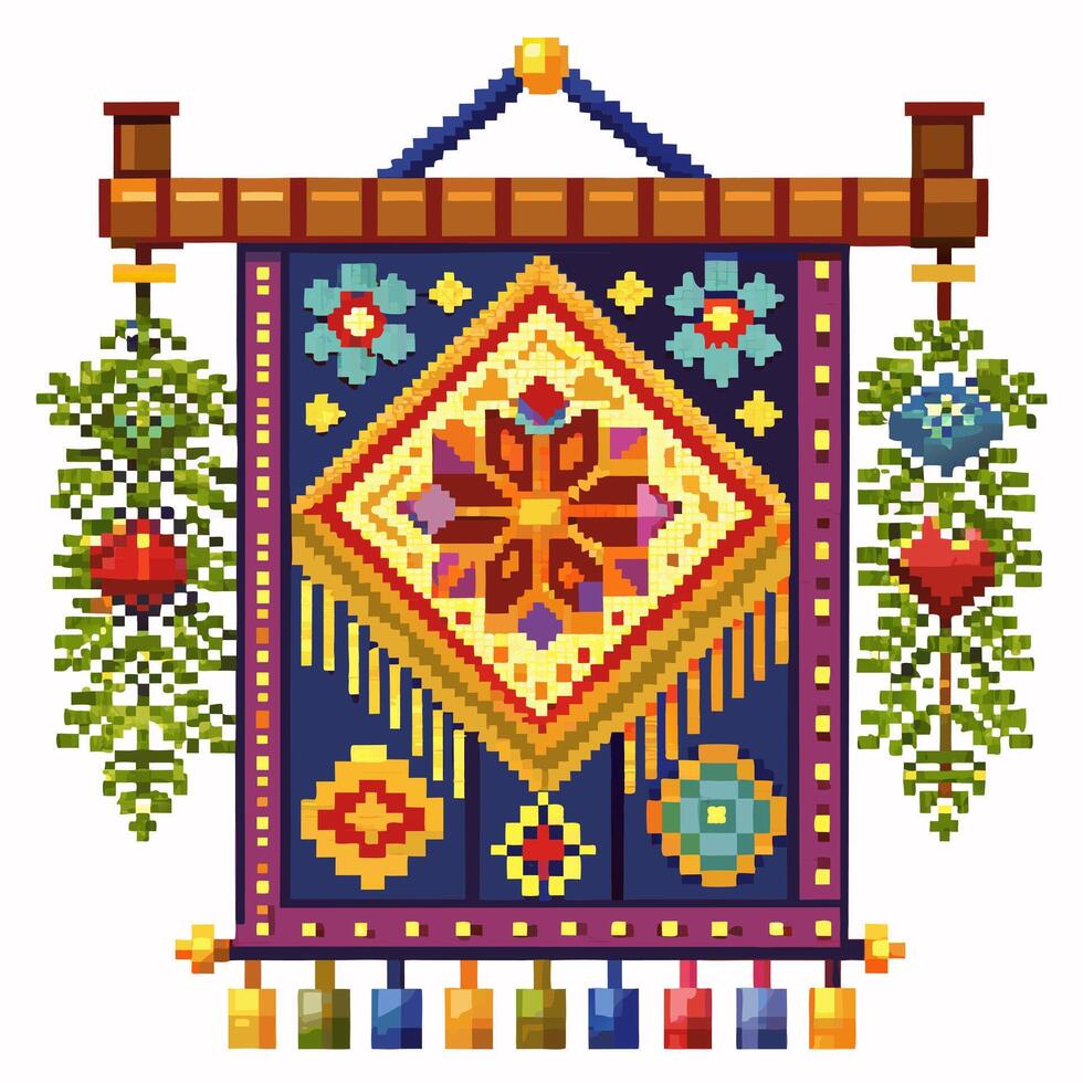 Colorful Pixel Art Tapestry with Floral and Geometric Patterns vector