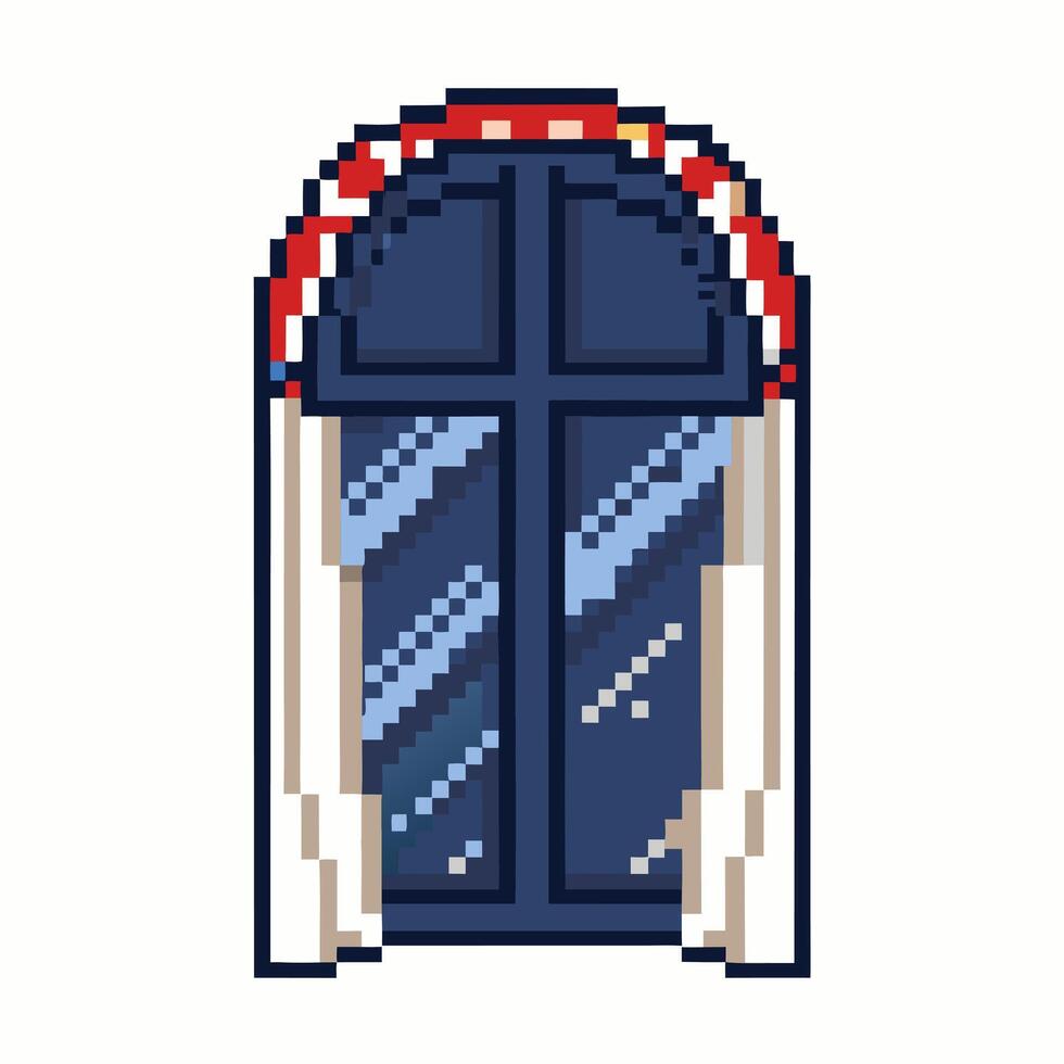 Retro Pixel Art Arched Window with Curtains in Classic Style vector