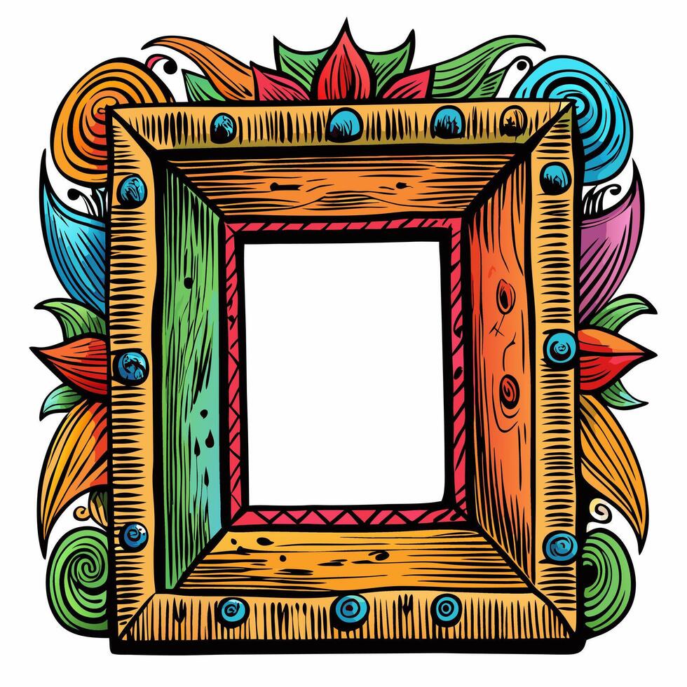 Vibrant Hand Drawn Wooden Frame with Colorful Floral Pattern Illustration vector