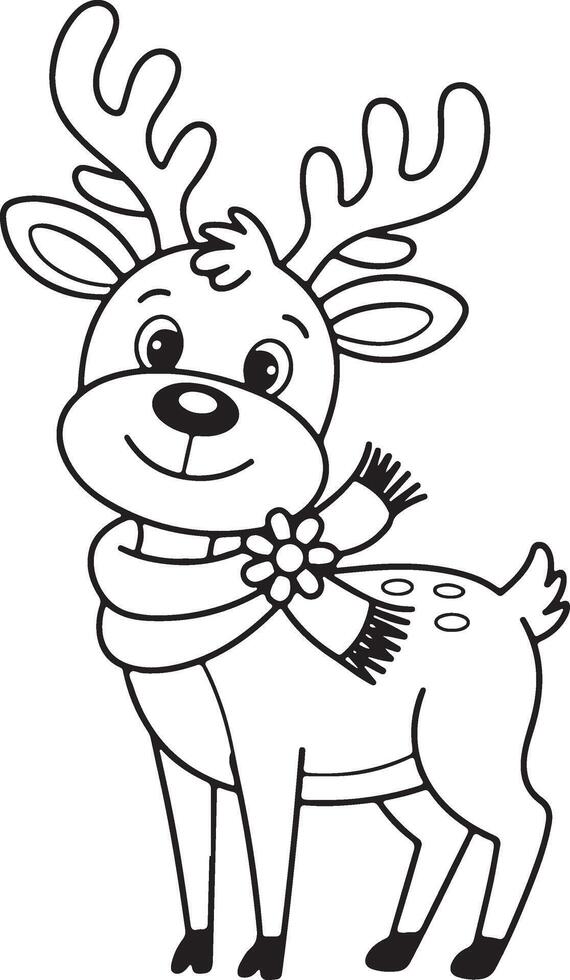 cute cartoon reindeer with scarf coloring page line drawing illustration vector