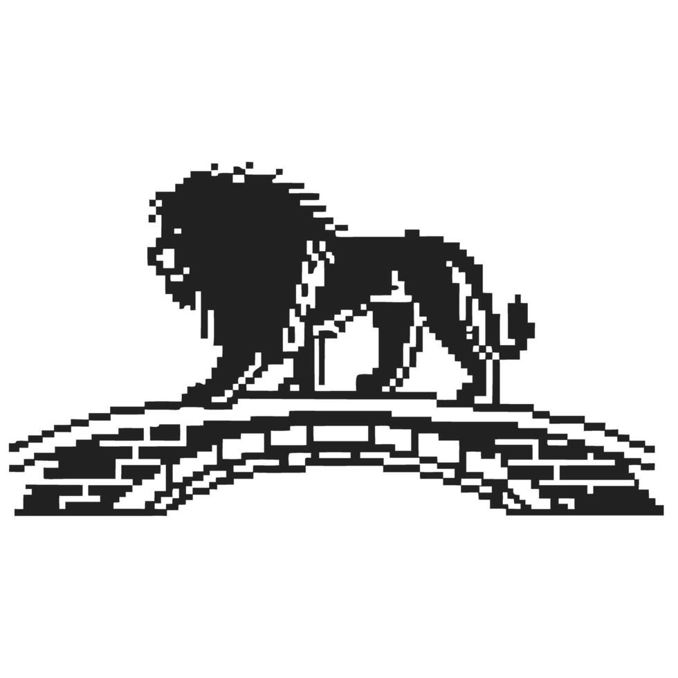 lion silhouette on brick bridge black pixel art, symbol of strength and majesty, digital illustration vector