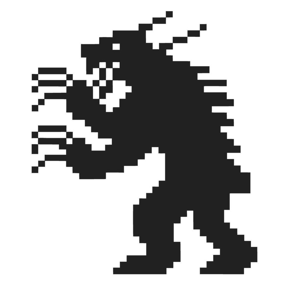 Retro 8 bit monster silhouette, pixel art creature, black on white vector