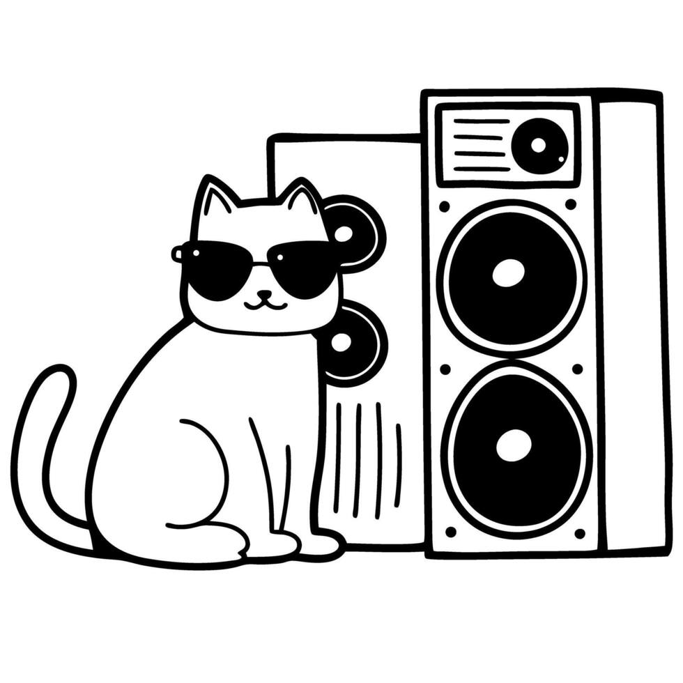 cool cat with sunglasses sitting by a boombox speaker, black and white illustration retro music and fashionable pet vector
