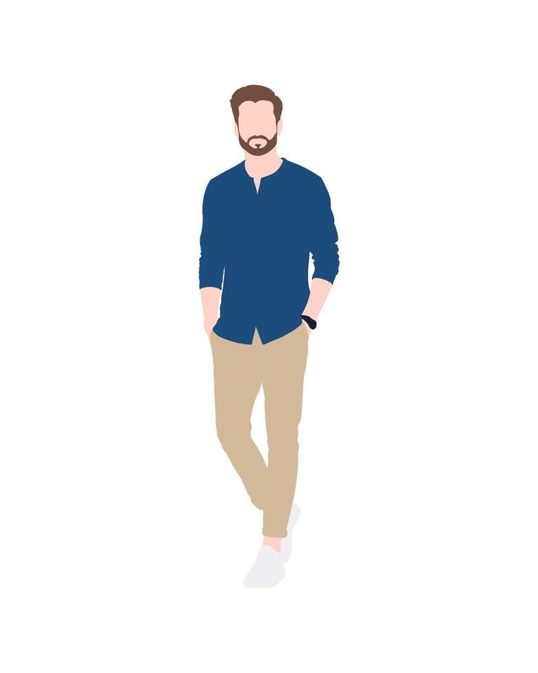 Flat art people and illustration, man in a blue shirt and beige pants vector