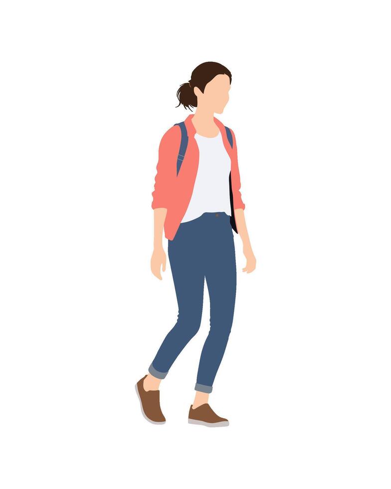 Flat art people and illustration, woman in casual outfit walking aside vector