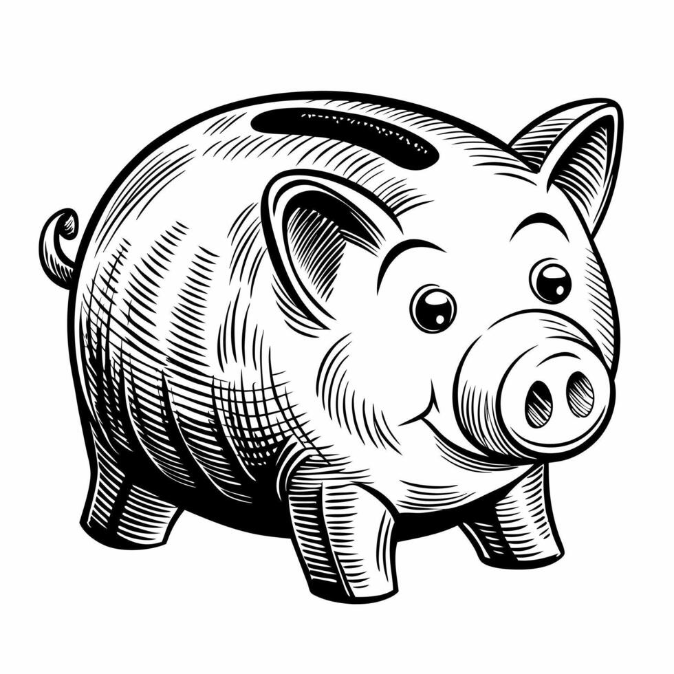 Vintage Style Piggy Bank Illustration in Black and White for Financial Savings Concepts vector