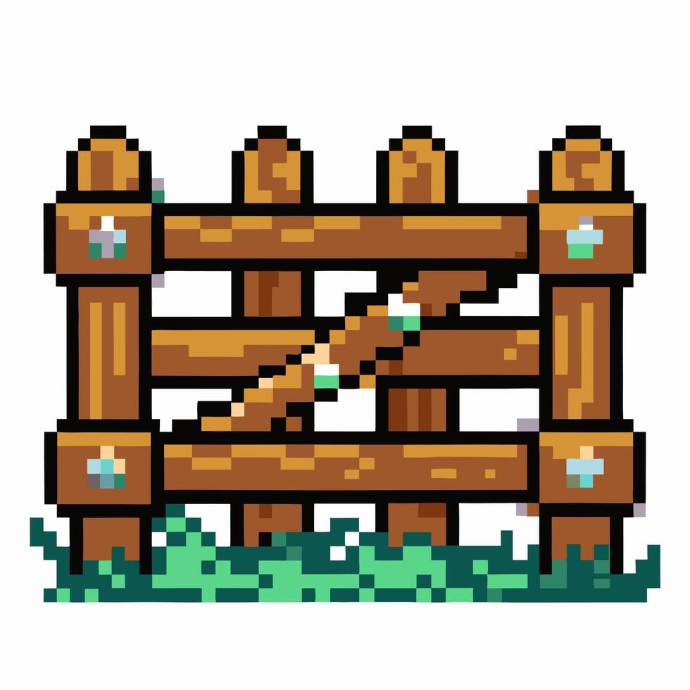 Pixel Art Wooden Fence with Grass 8 Bit Style Illustration vector