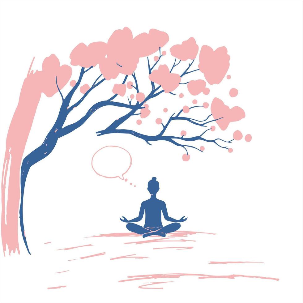 A woman meditating under a tree with a speech bubble vector