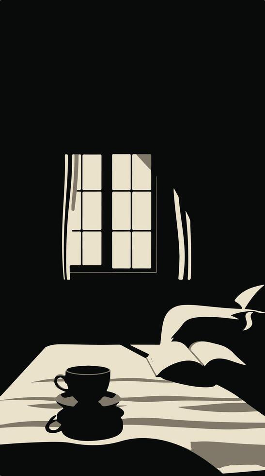 A black and white illustration of a book on a table vector