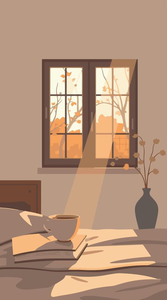 A bed with a book and a window vector