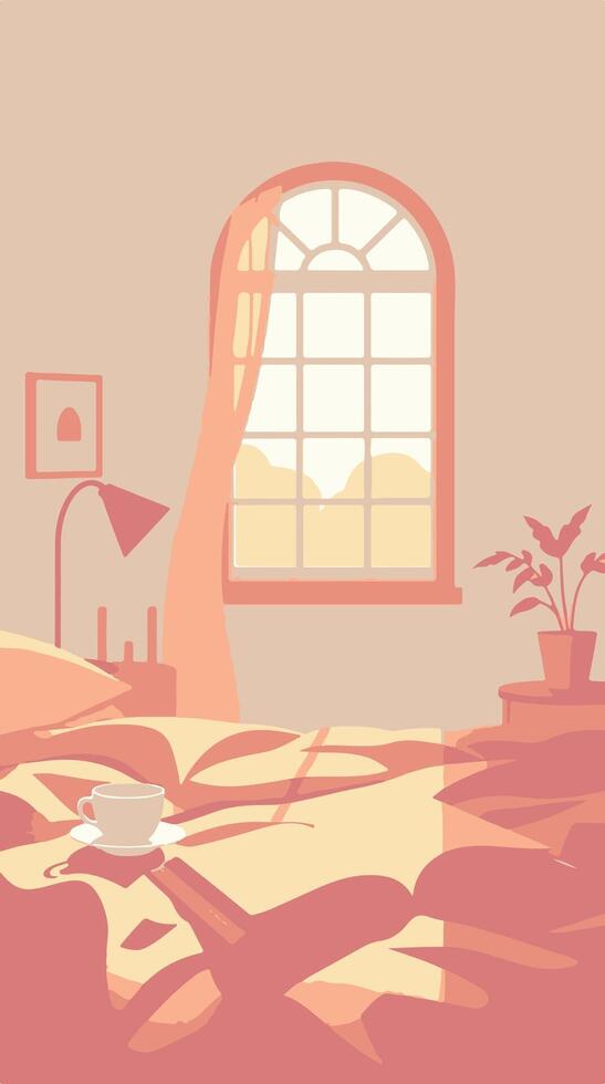 A bed with a lamp and a cup of coffee vector