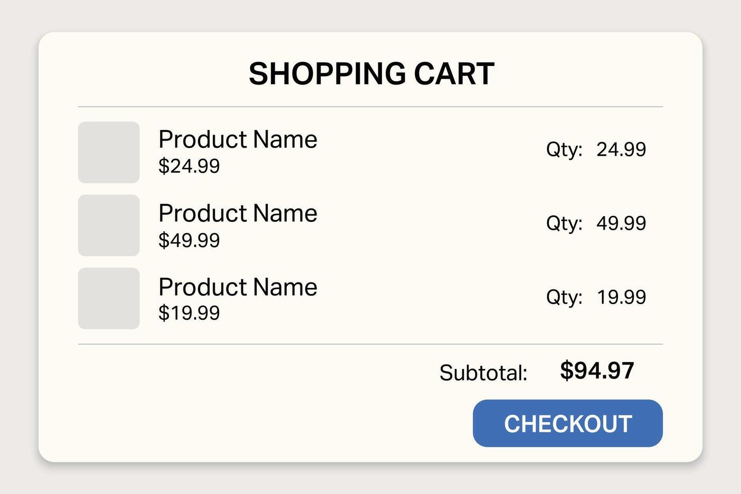 Online shopping cart interface with product list and checkout button vector