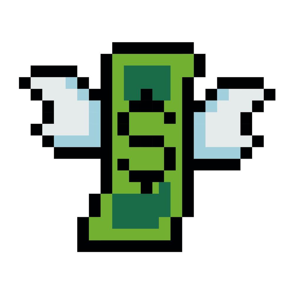 Flying Dollar Pixel Art Retro Style Money Icon with Wings vector