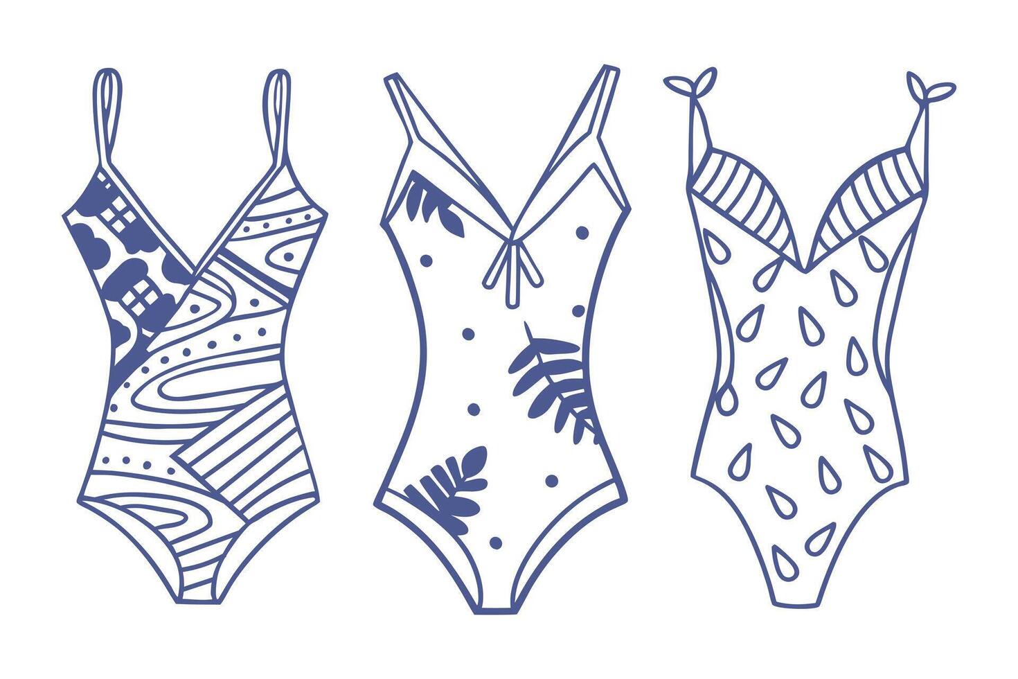 Set of hand drawn swimsuits with blue pattern for summer and beach holidays. Sketch. vector