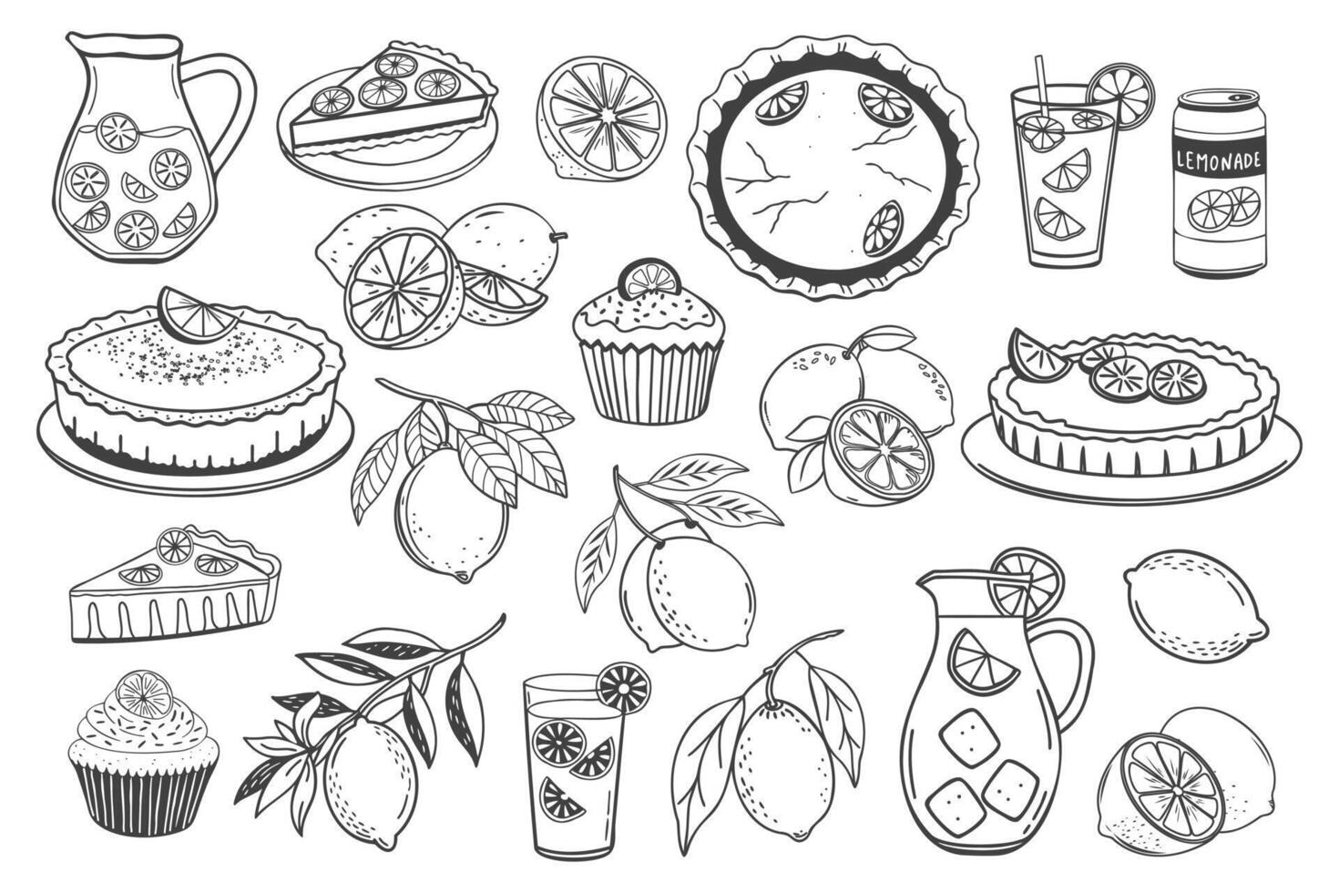 Set of hand drawn illustrations of lemonade and lemon desserts. Lemons, lemonade, lemon pie, cake, cupcake. Hand drawn sketch illustration. vector