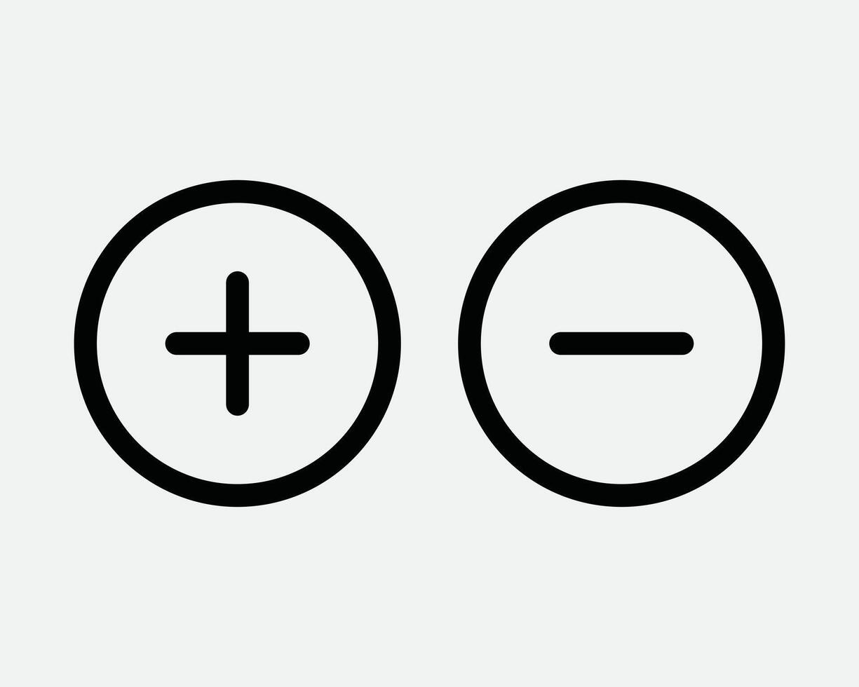 Negative and Positive Round Circle Terminal Icon Outline Line Symbol Graphic Two Set Math Plus Minus Add Subtract More Less Zoom In Out Shape vector