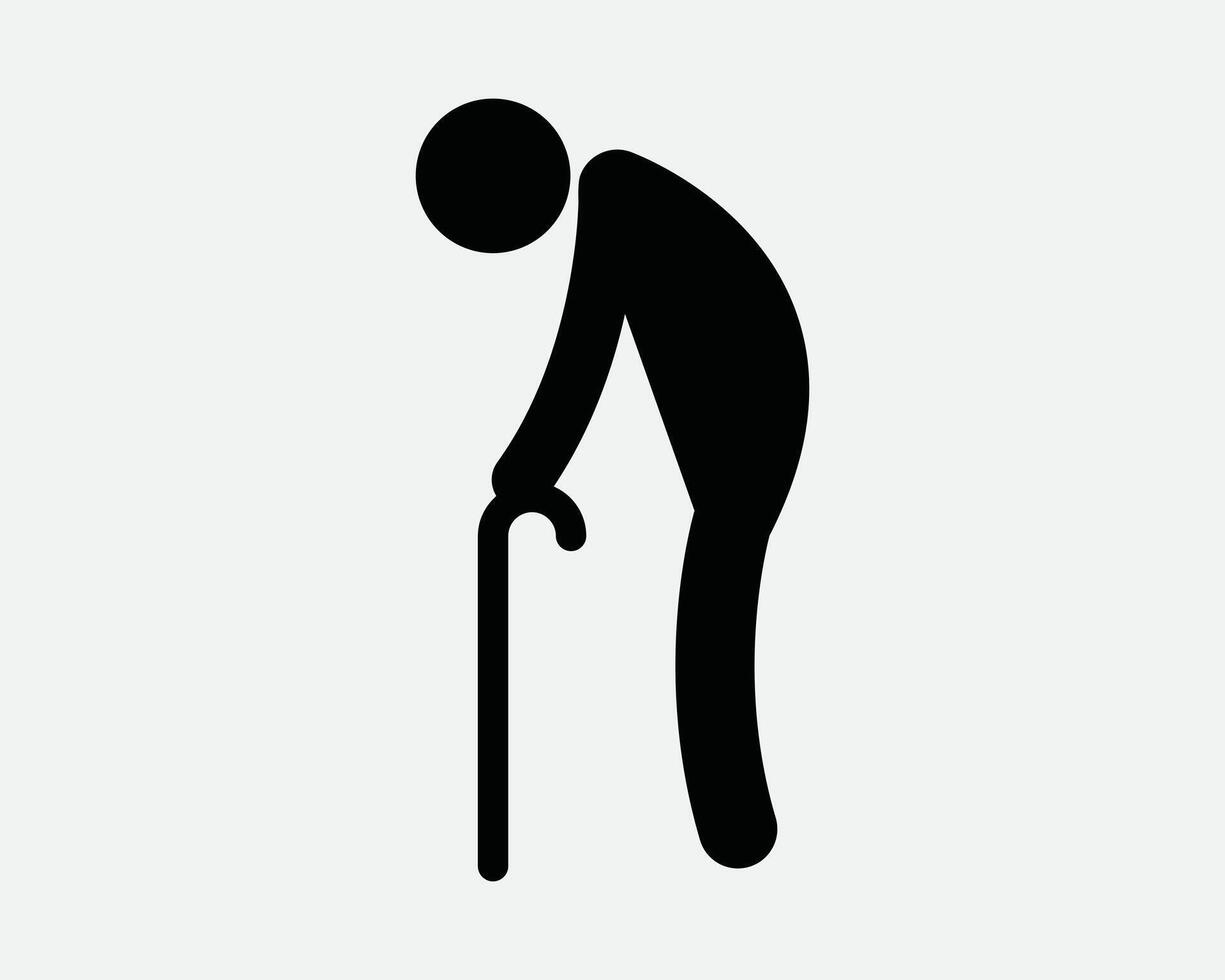 Old Person Using Walking Cane Elderly Human Man Stick Figure People Stand Walk Frail Ill Week Support Grandfather Aged Black Outline Shape Icon vector